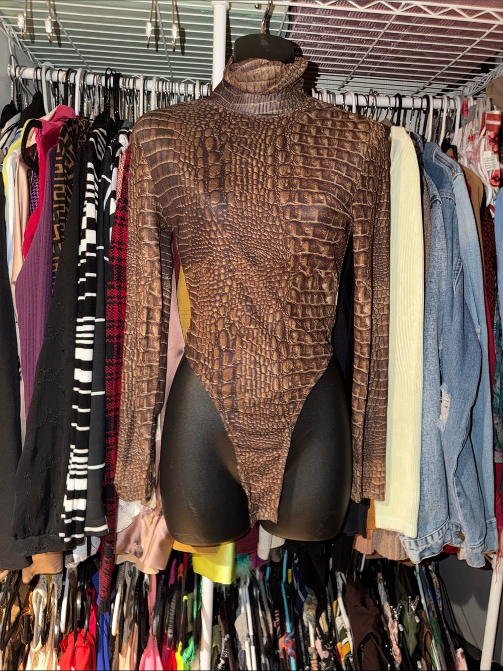 SHEIN Brown Croc-Print Turtleneck Bodysuit